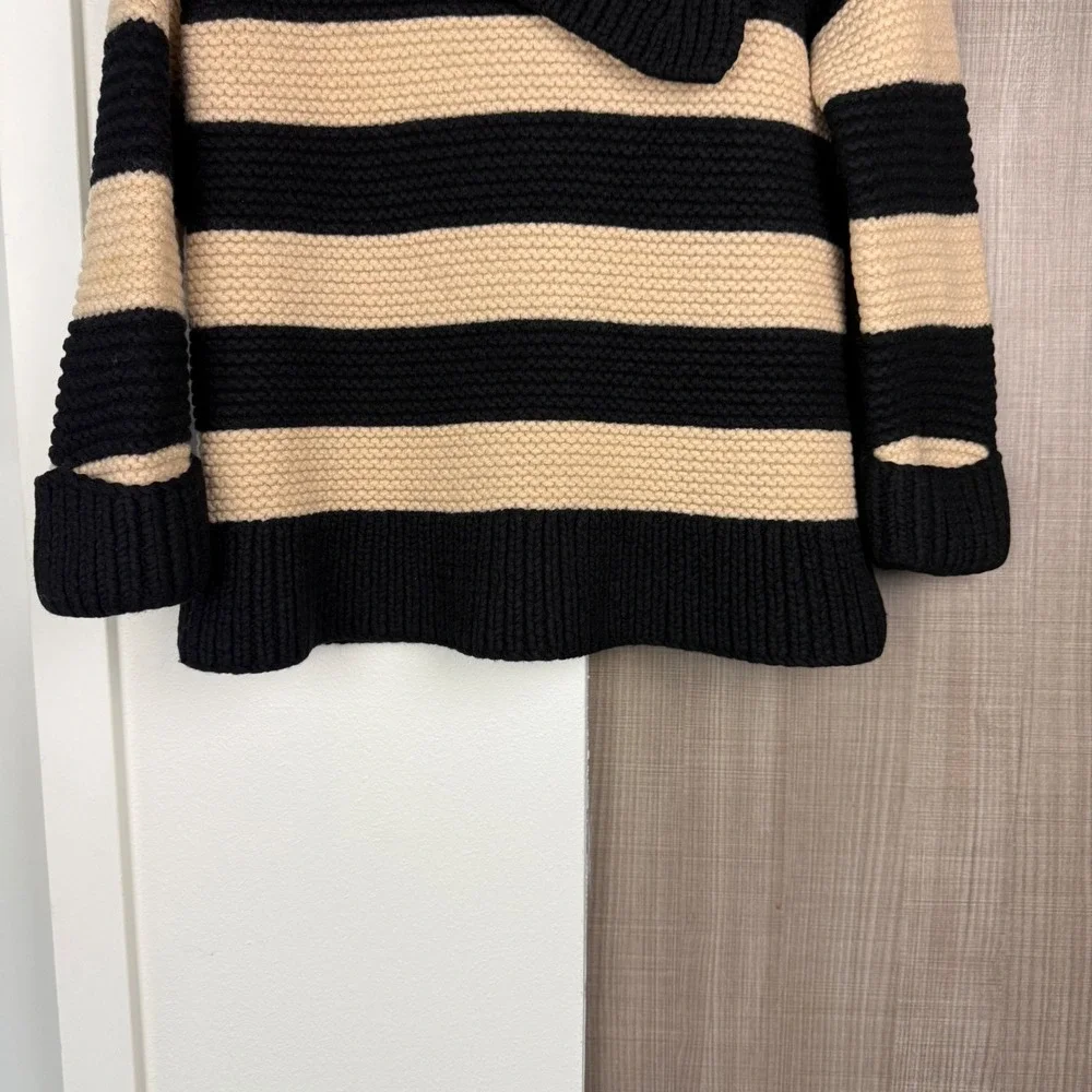 Kate Spade Black Tan Stripe Collared Knit Sweater Chunky 100% Wool Large‎